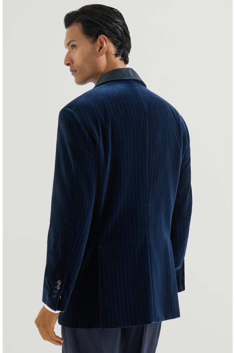 Cotton chalk stripe velvet tuxedo jacket with shawl lapels, Alternate, color, Navy Blue