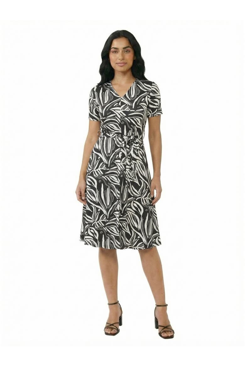 Essential Petite Abstract V-Neck Short Sleeve A-Line Midi Dress, Main, color, Black Multi