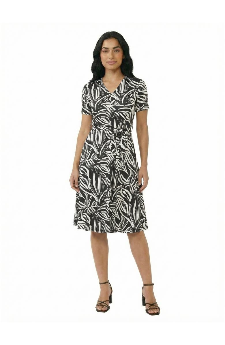 24seven Comfort Apparel Essential Petite Abstract V-Neck Short Sleeve A-Line Midi Dress, Main, color, Black Multi