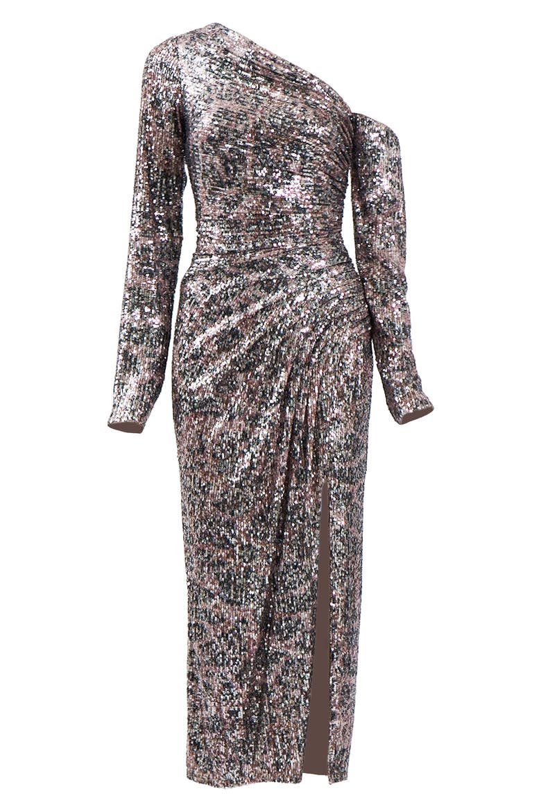 Sequin One-Shoulder Long Sleeve Midi Dress, Alternate, color, LEOPARD