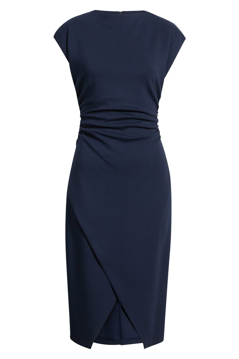 Cap Sleeve Ruched Scuba Crepe Midi Dress, Alternate, color, NAVY