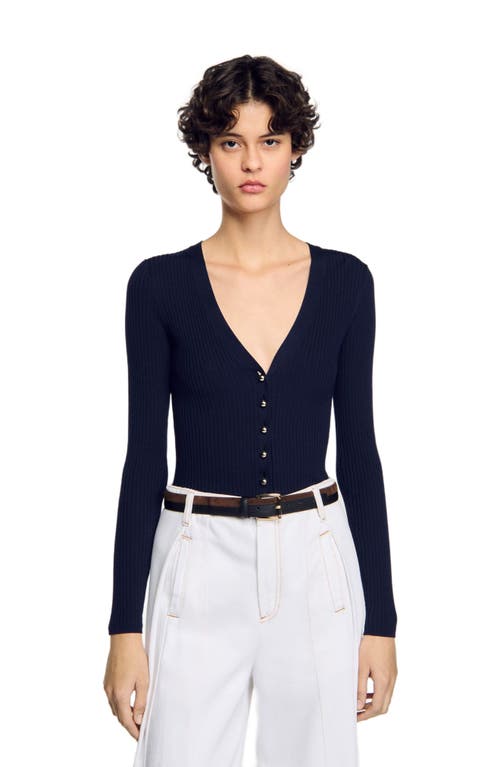 Sandro Gabrielle Ribbed Cardigan In Navy Blue