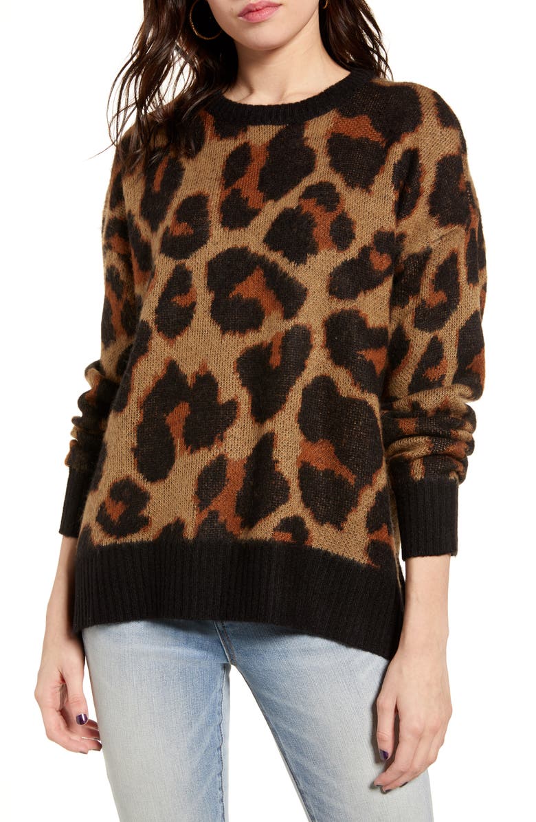 Band of Gypsies Bronzer Leopard Jacquard Sweater, Main, color,