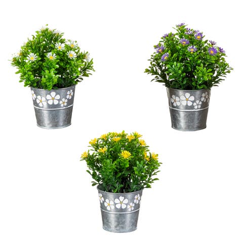 8-in Artificial Daisy Plant in Decorative Daisy Tin Planter - Set of 3