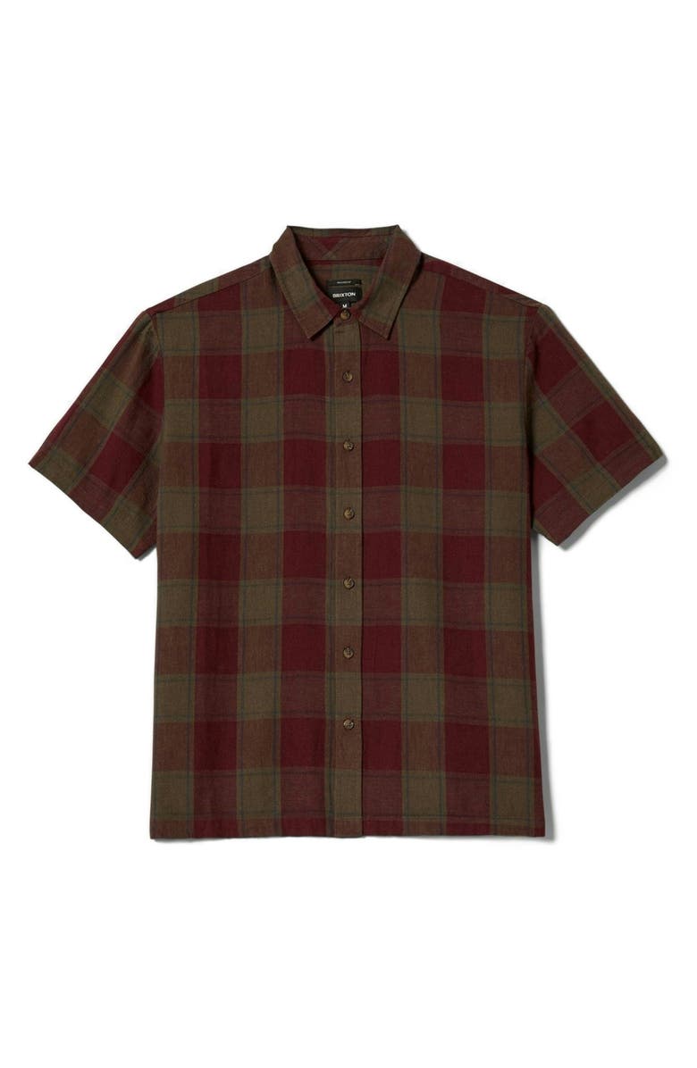 Brixton Cru Plaid Linen & Cotton Button-Up Shirt, Alternate, color, Olive Surplus/ Port