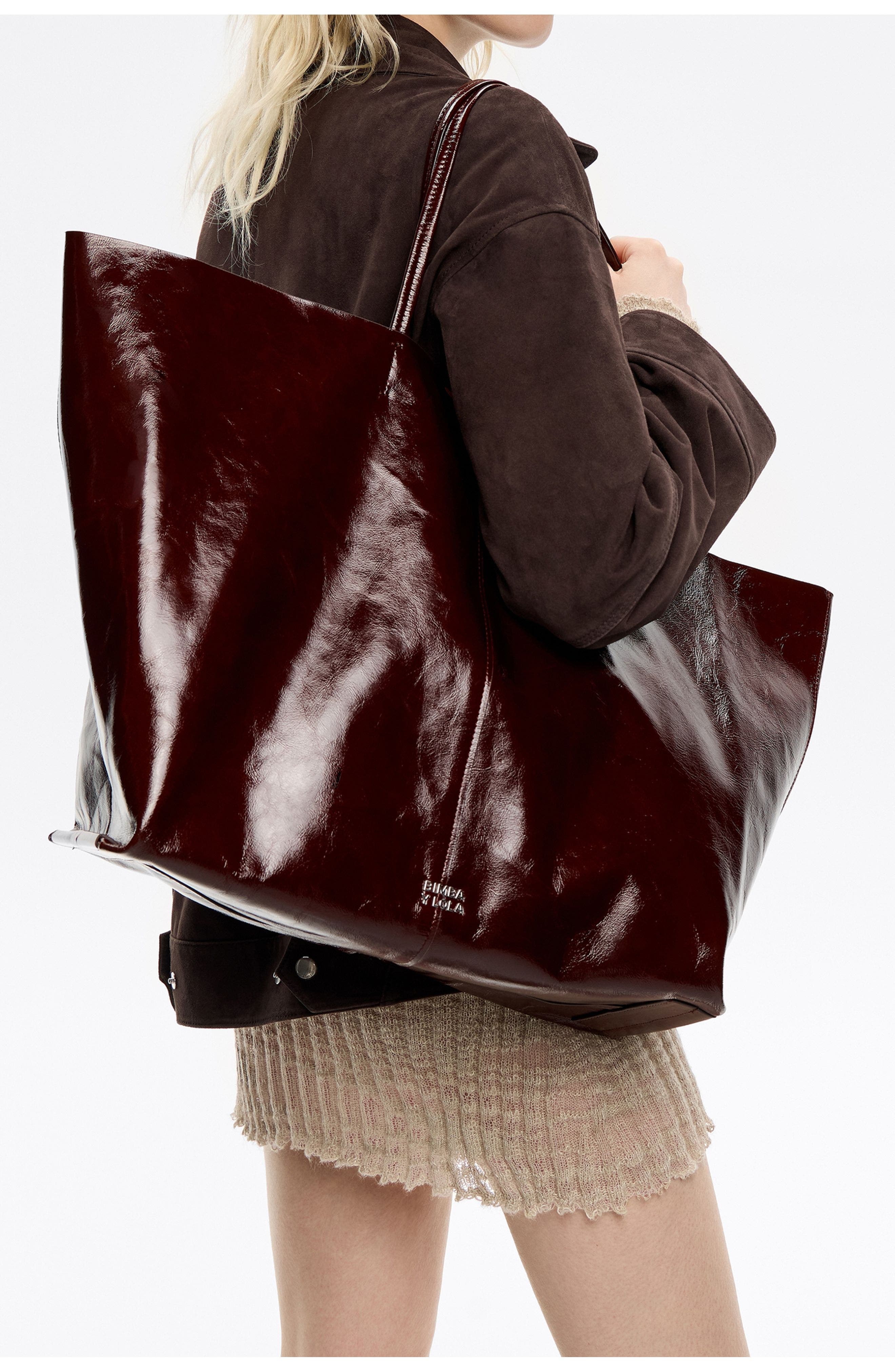 Bimba y Lola Leather Maxi Shopper Bag, Alternate, color, Chestnut