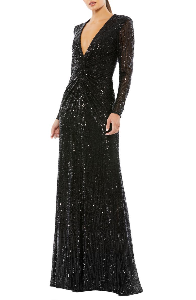 Mac Duggal Sequin Long Sleeve Plunge Mesh Gown, Main, color, 