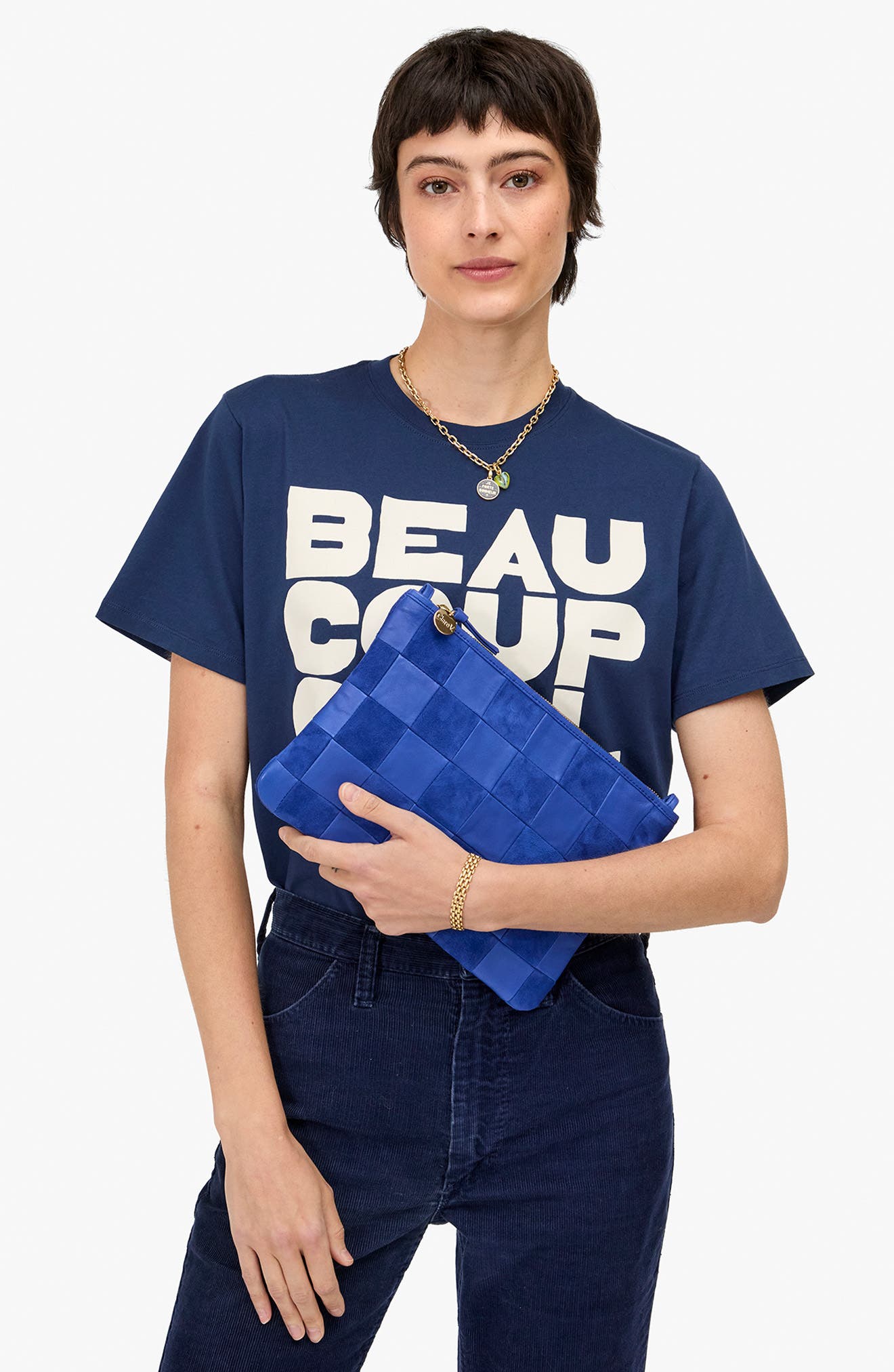 Checkered Leather Flat Clutch, Alternate, color, LAGOON