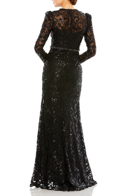 Mac Duggal Embellished High Neck Long Sleeve Gown In Black