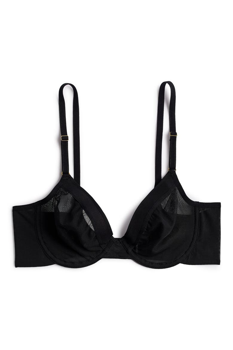 Underwire Unlined Mesh Plunge Bra, Alternate, color, BLACK