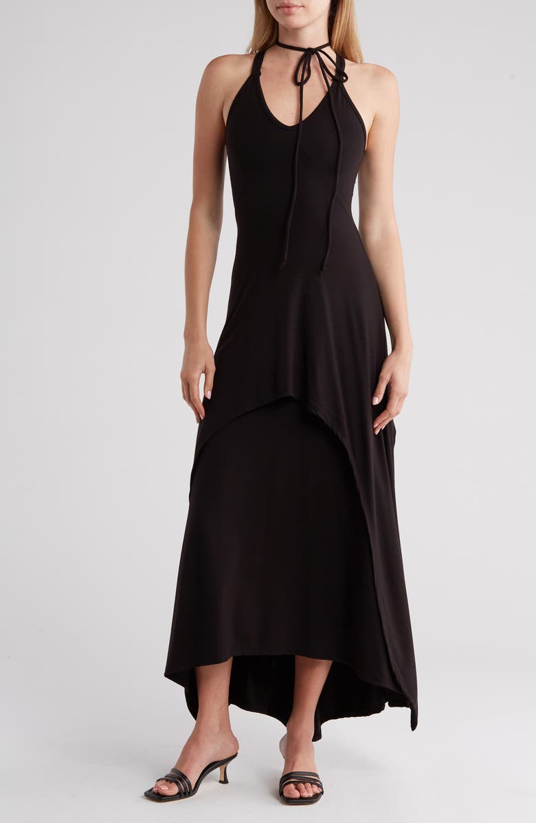 GO COUTURE Choker Neck Midi Sundress, Main, color, Black1