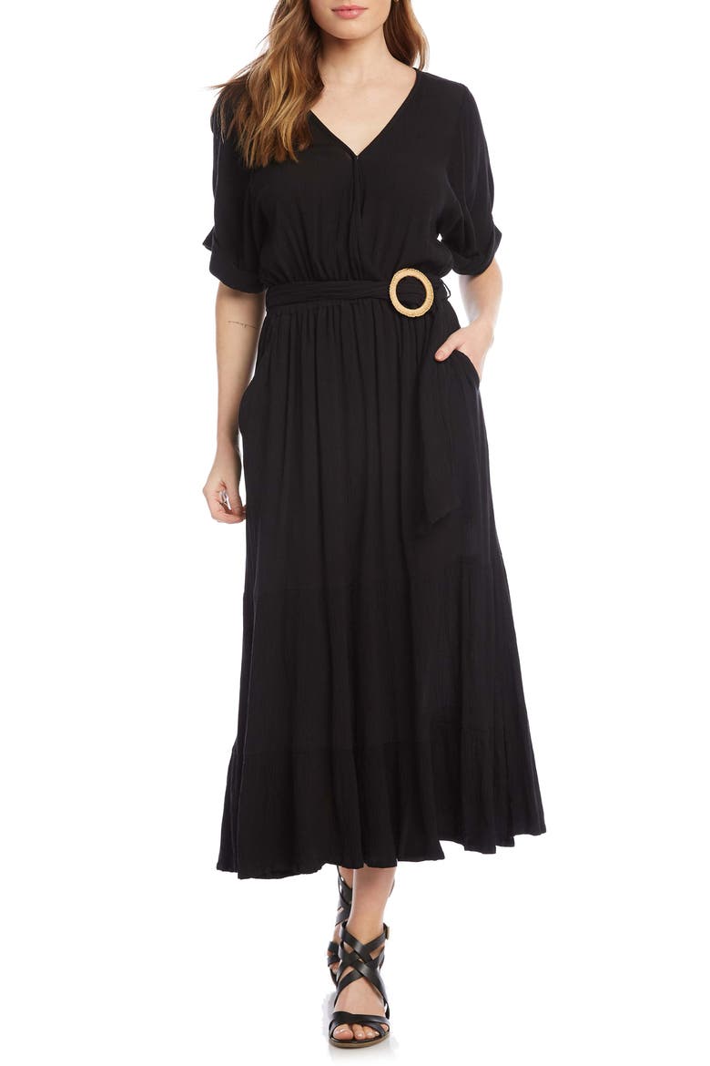 Rattan Buckle Midi Dress, Main, color, BLACK