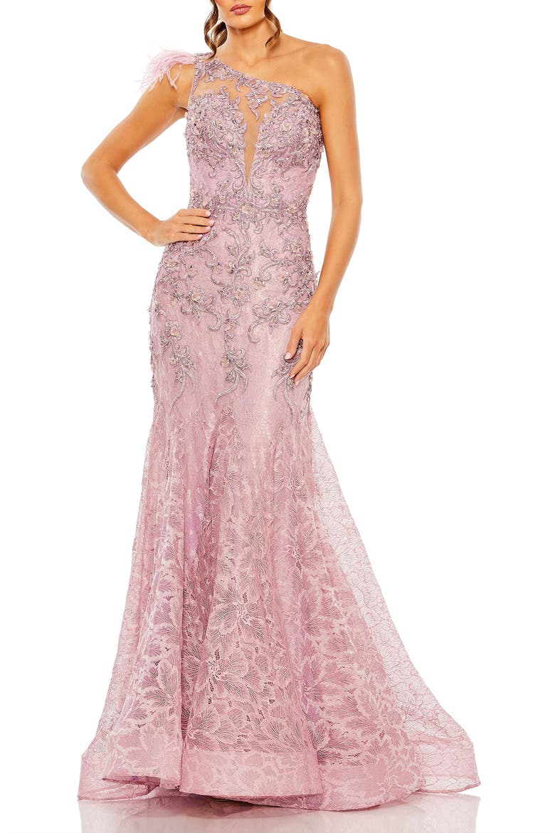 Embroidered Applique Feathered One Shoulder Gown, Main, color, Rose