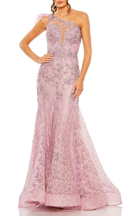 Embroidered Applique Feathered One Shoulder Gown