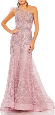 Mac Duggal Embroidered Applique Feathered One Shoulder Gown