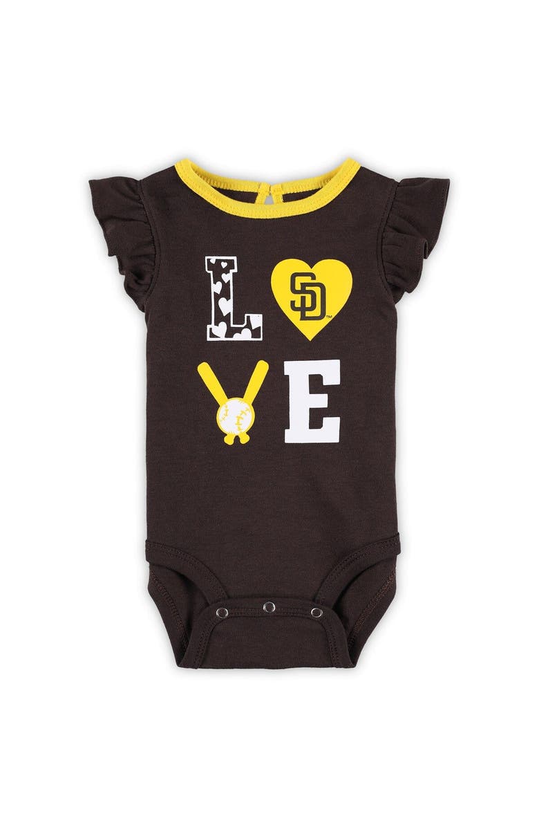 Outerstuff Newborn & Infant Brown/Gold San Diego Padres Three-Piece Love of Baseball Bib Bodysuit & Booties Set, Alternate, color, 