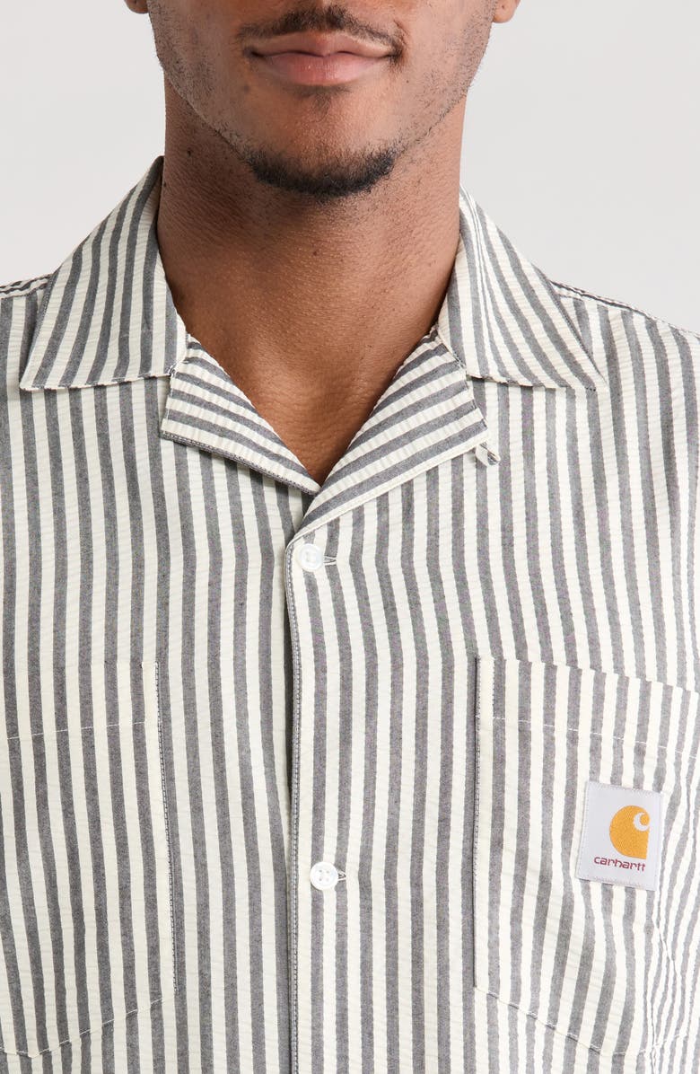 Carhartt Work In Progress Leavel Stripe Seersucker Cotton Blend Button-Up Bowling Shirt, Alternate, color, Leavel Stripe, Black / Wax
