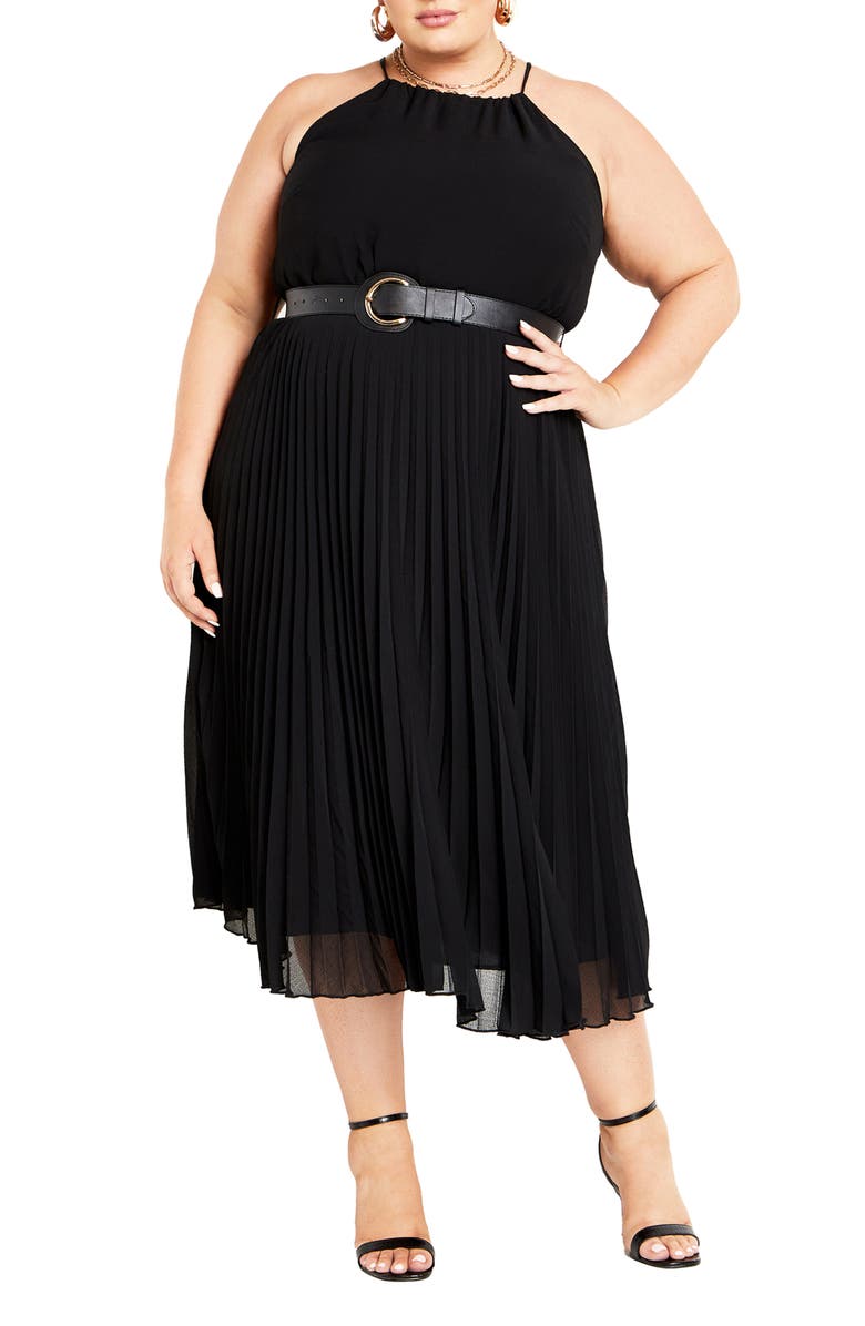 City Chic Pleated Belted A-Line Midi Dress, Main, color, 