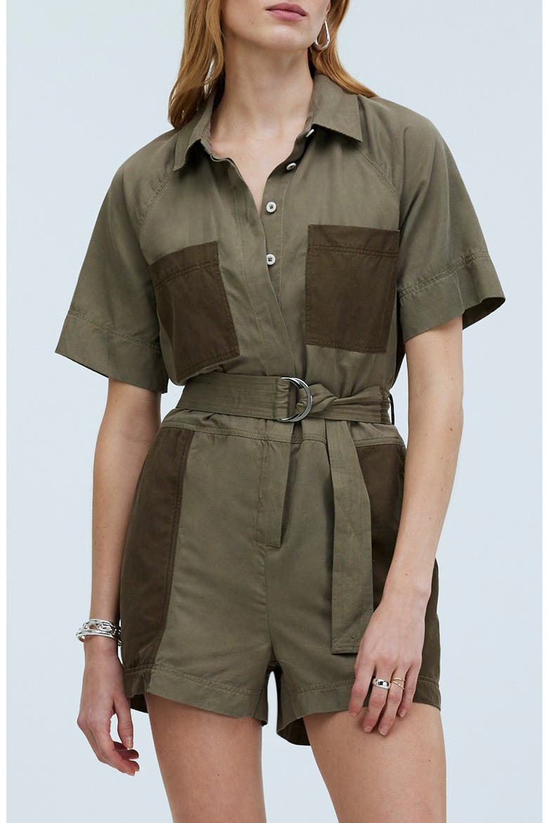 Short Sleeve Patch Pocket Romper, Main, color, DARK OLIVE
