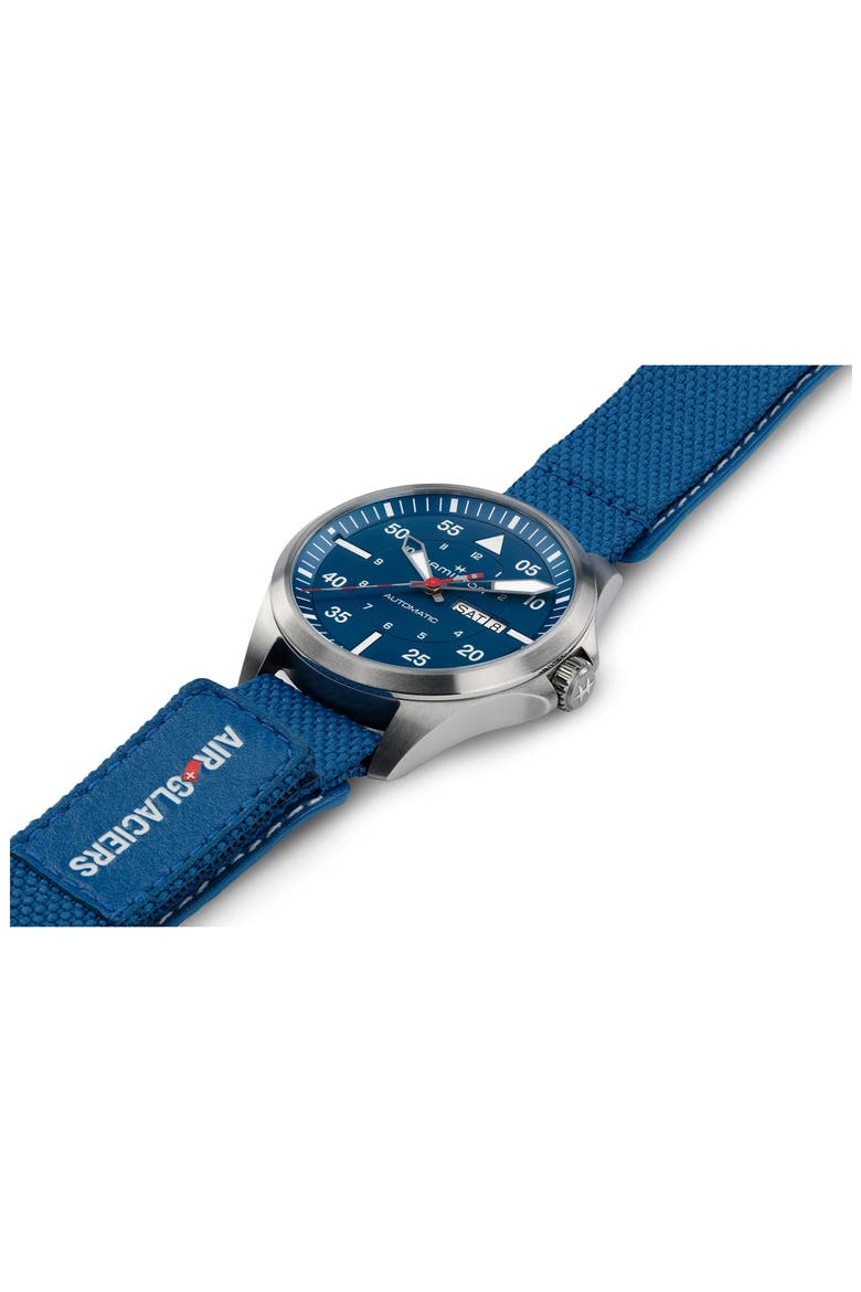 Khaki Aviation Pilot Automatic Leather Strap Watch, 42mm, Alternate, color, BLUE