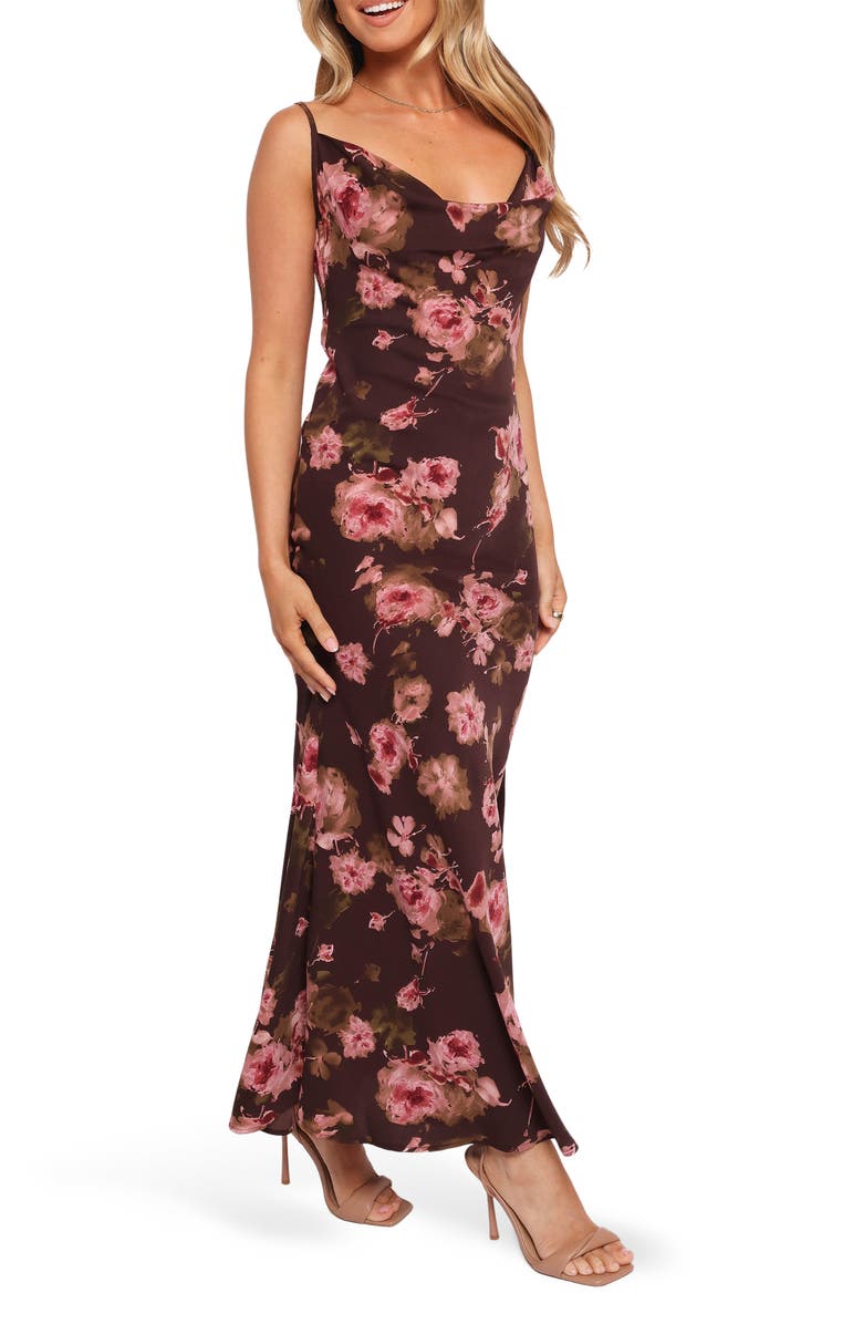 Petal & Pup Enya Floral Print Chiffon Maxi Dress, Alternate, color, Chocolate Floral
