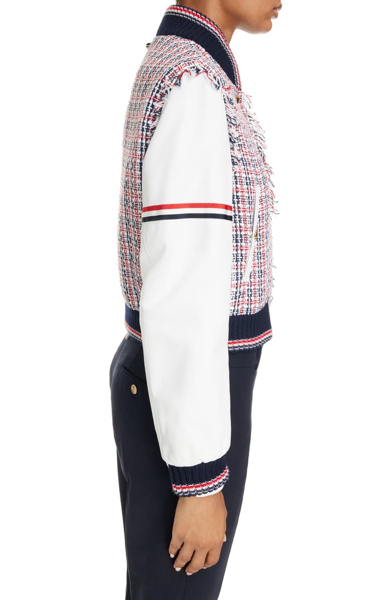 Thom Browne Check Tweed & Leather Varsity Jacket, Alternate, color, 