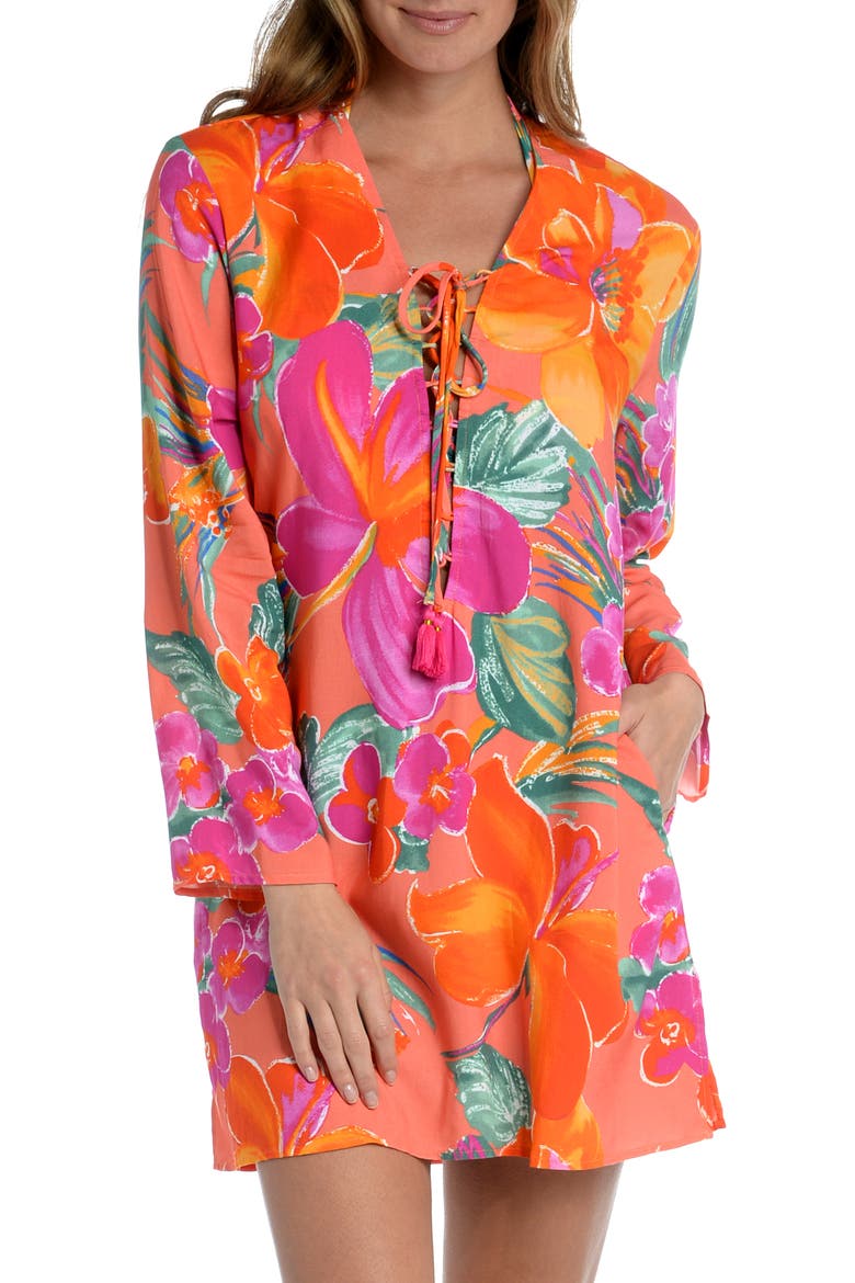 Isla Lace-Up Floral Cover-Up Tunic, Main, color, HOT CORAL
