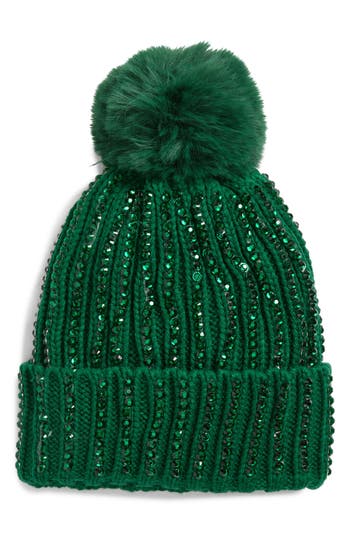 Natasha Stone Embellished Pompom Beanie In Green