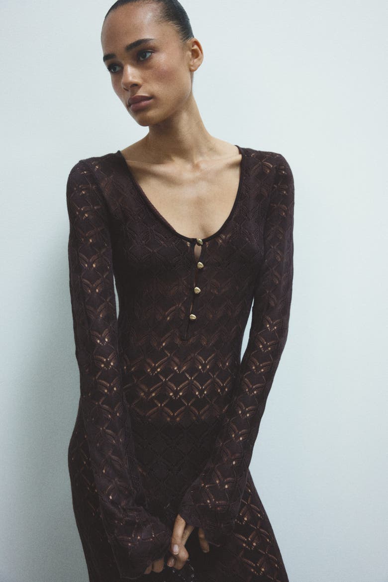 Crochet-look Button-top Dress, Alternate, color, Dark brown
