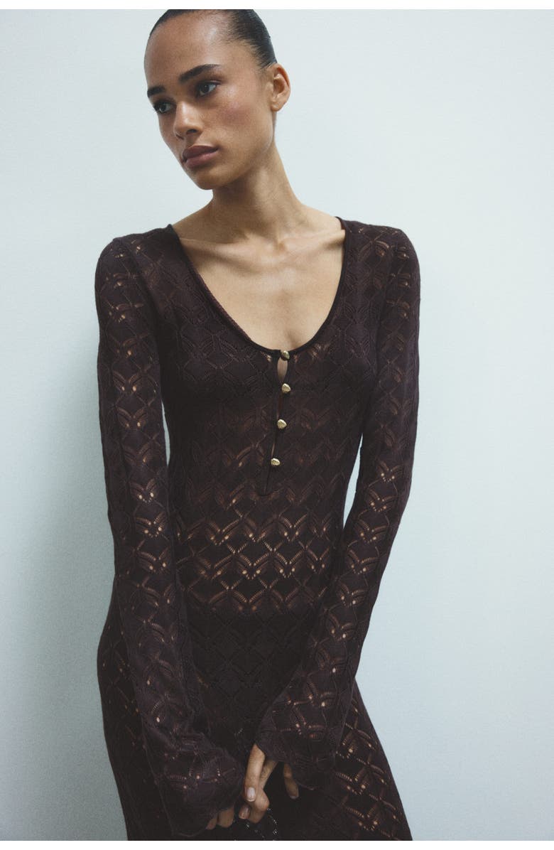H&M Crochet-look Button-top Dress, Alternate, color, Dark Brown