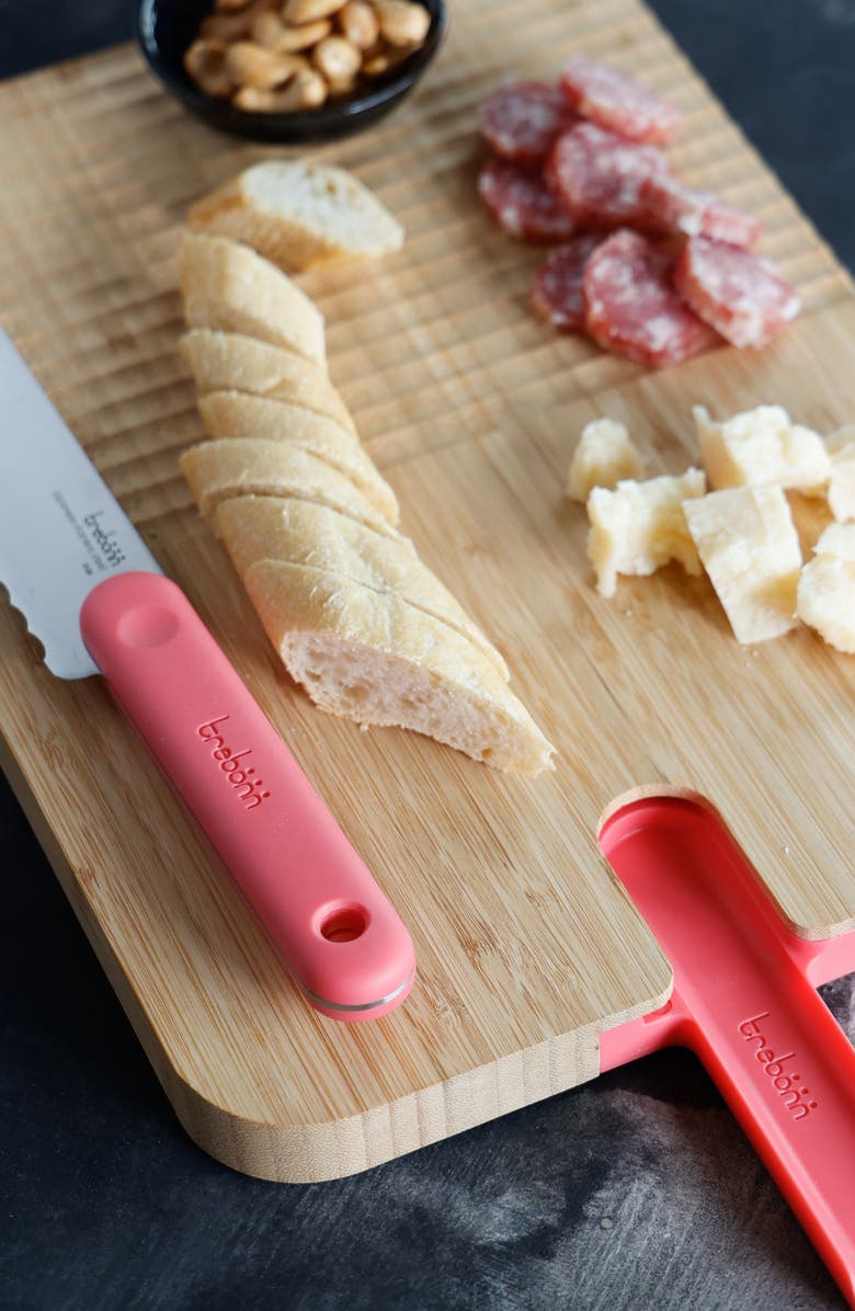 TREBONN Bamboo Chopping Board with Serrated Bread Knife, Alternate, color, Pink