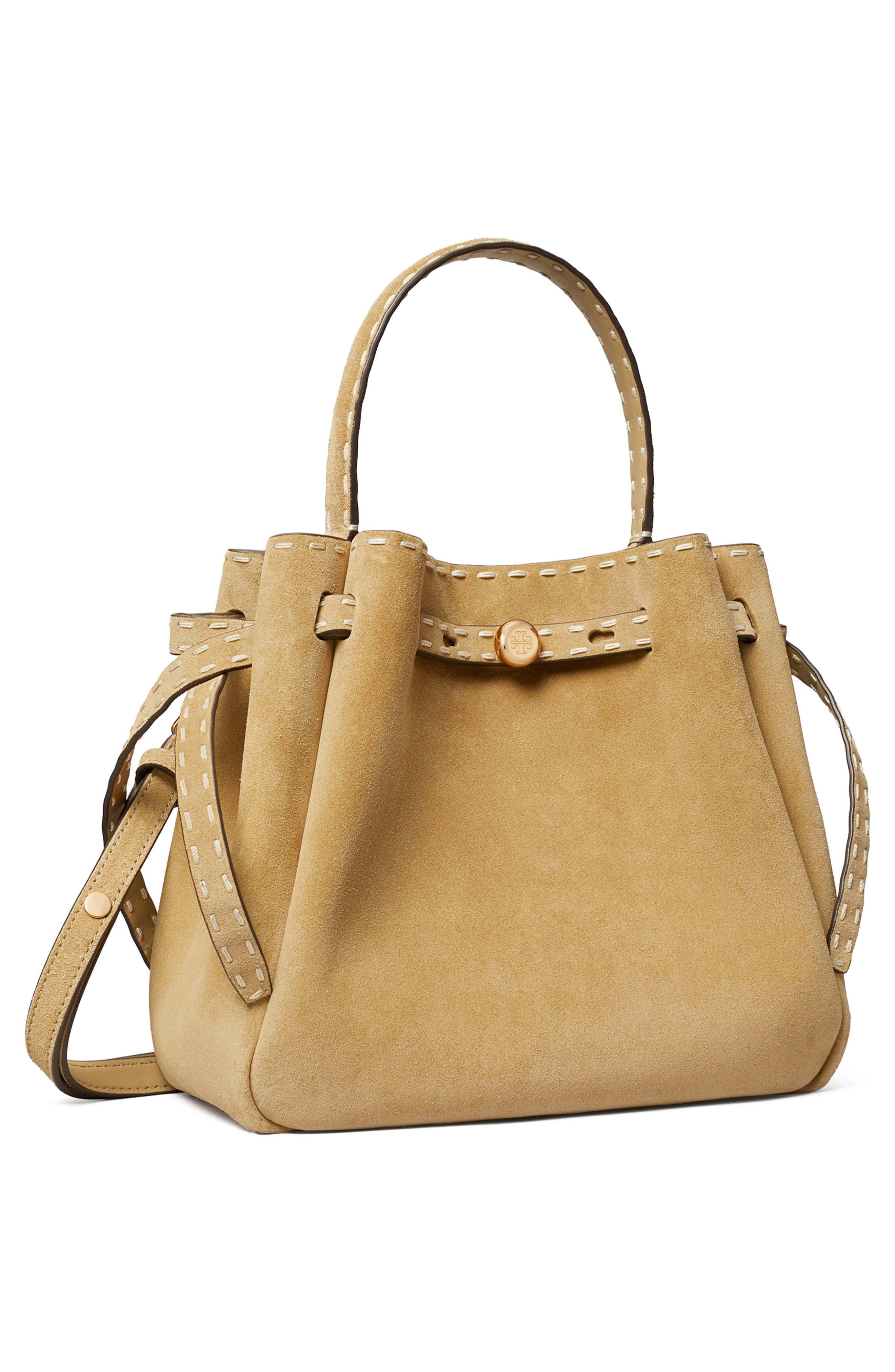Tory Burch Romy Suede Bucket Bag, Alternate, color, Butter