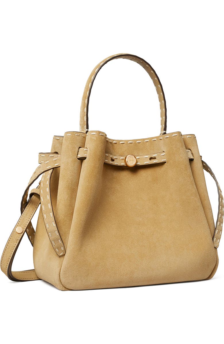 Tory Burch Romy Suede Bucket Bag, Alternate, color, Butter