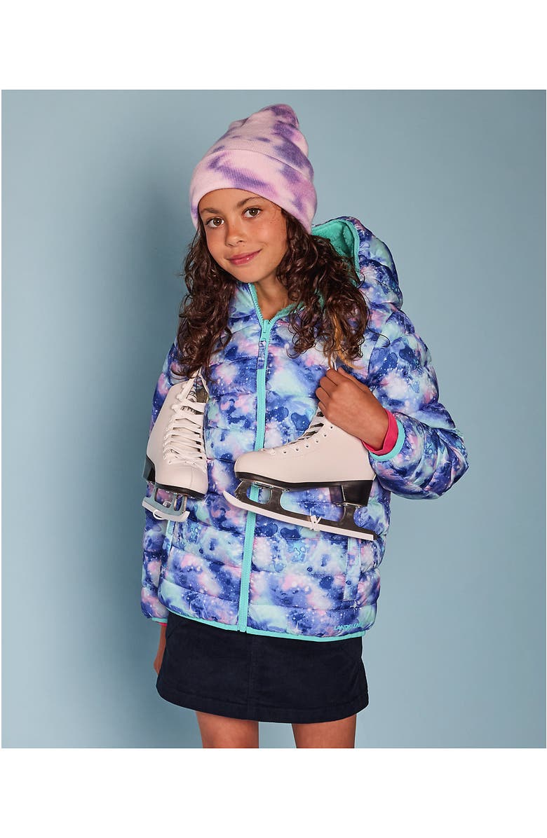 Lands' End Girls Water Resistant Reversible Hooded Jacket, Main, color, Blue Glitter/Aqua Splash