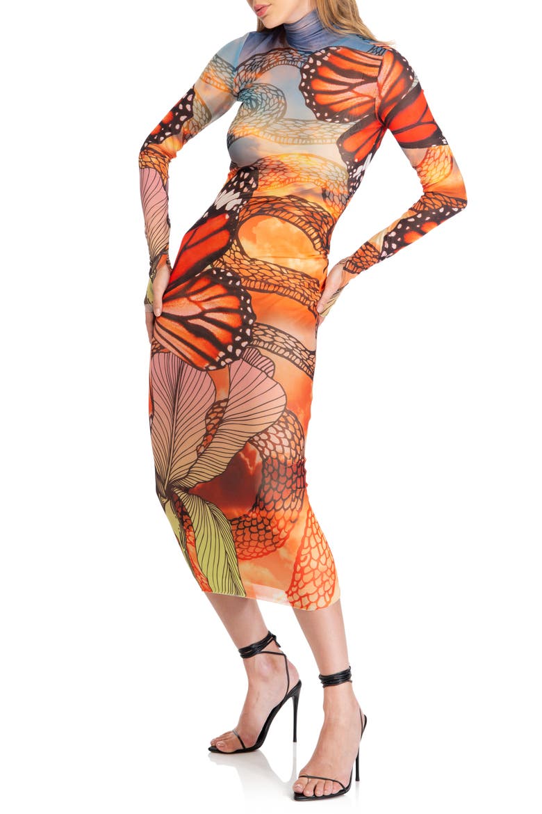 Shailene Long Sleeve Mesh Midi Dress, Alternate, color, BUTTERFLY
