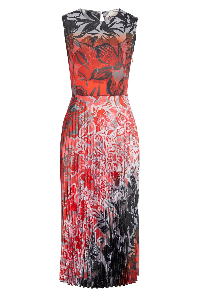 Dégradé Floral Pleated Midi Dress, Alternate, color, RUBINO