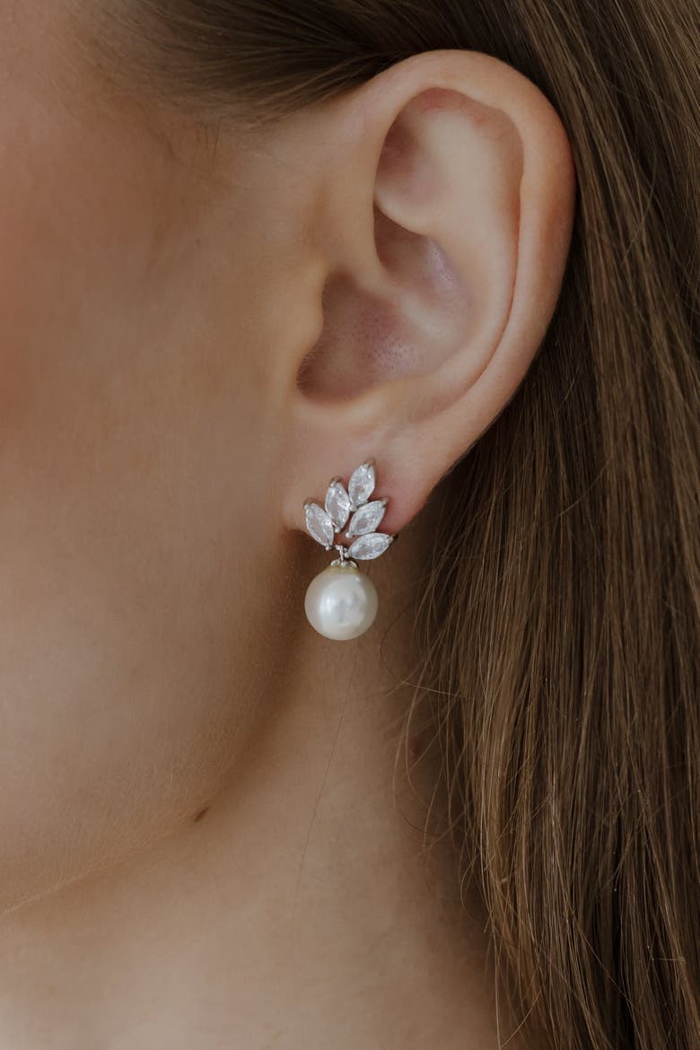 Lennox Pearl and Crystal Earrings, Alternate, color, Metallic Silver