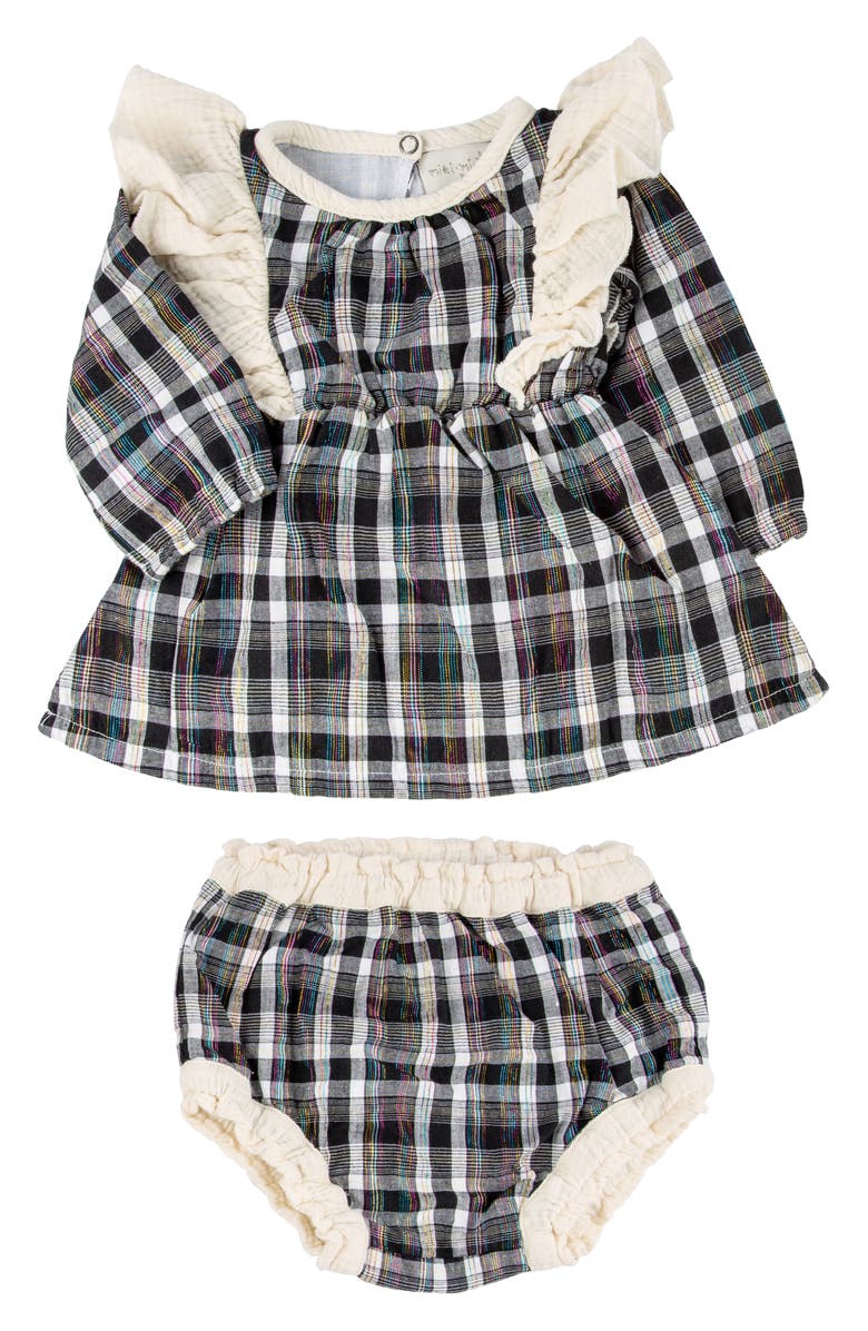 Miki Miette Plaid Ruffle Accent Long Sleeve Cotton Dress & Bloomers, Main, color, Symphony