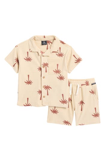 Volcom Kids' Terry Short Sleeve Button-up Shirt & Shorts In Stone