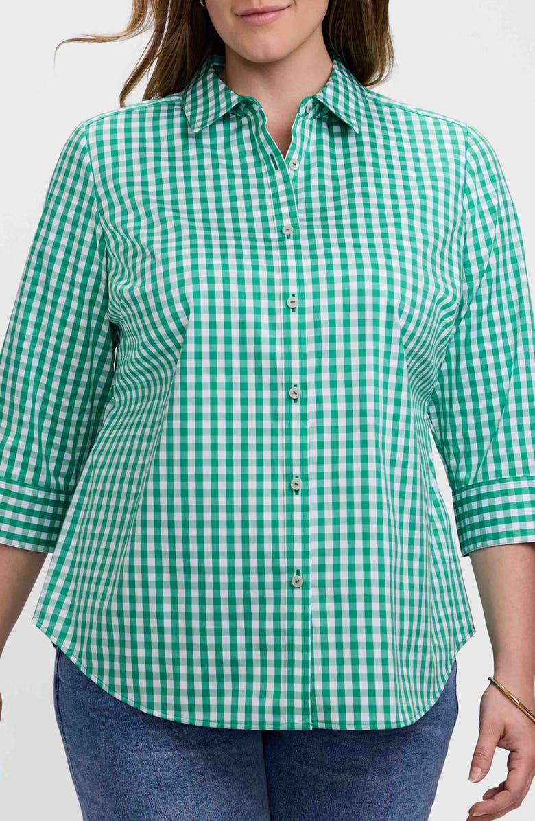 Foxcroft Margie Gingham Three-Quarter Sleeve Button-Up Shirt, Main, color, Kelly Green/ White