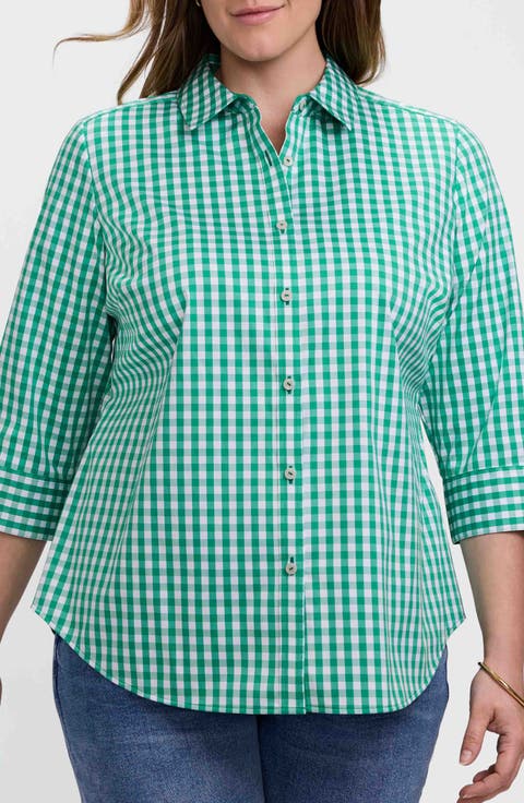 Margie Gingham Three-Quarter Sleeve Button-Up Shirt (Plus)