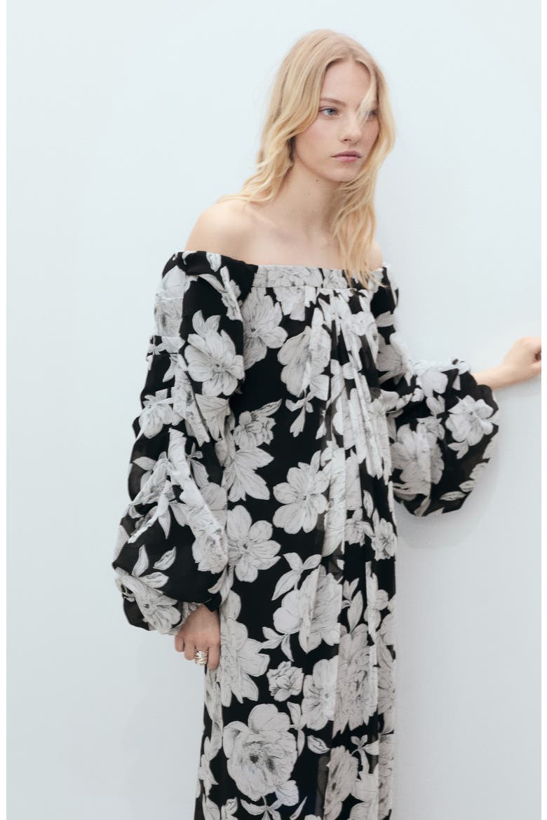 Floral Off the Shoulder Long Sleeve Maxi Dress, Alternate, color, BLACK