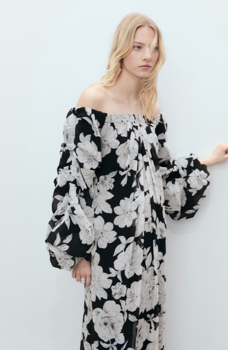 MANGO Floral Off the Shoulder Long Sleeve Maxi Dress, Alternate, color, Black