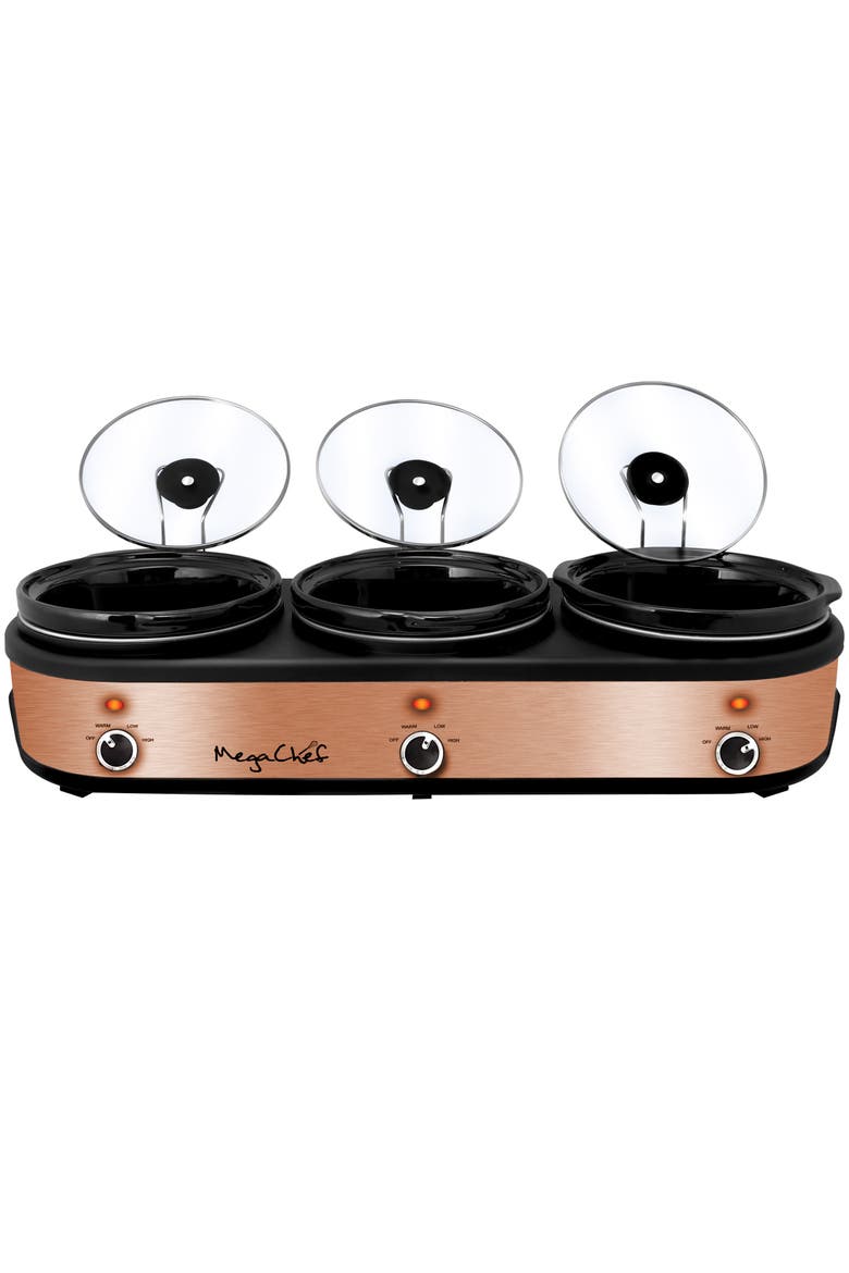 Triple 2.5 Quart Slow Cooker and Buffet Server in Brushed Copper and Black Finish with 3 Ceramic Cooking Pots and Removable Lid Rests, Alternate, color, Black
