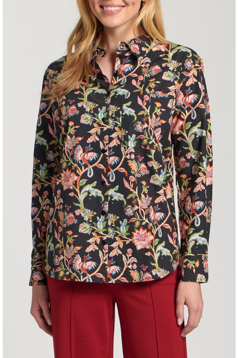 Boyfriend Poplin Button-Up Shirt, Main, color, BLACK/ GREEN FARM MULTI