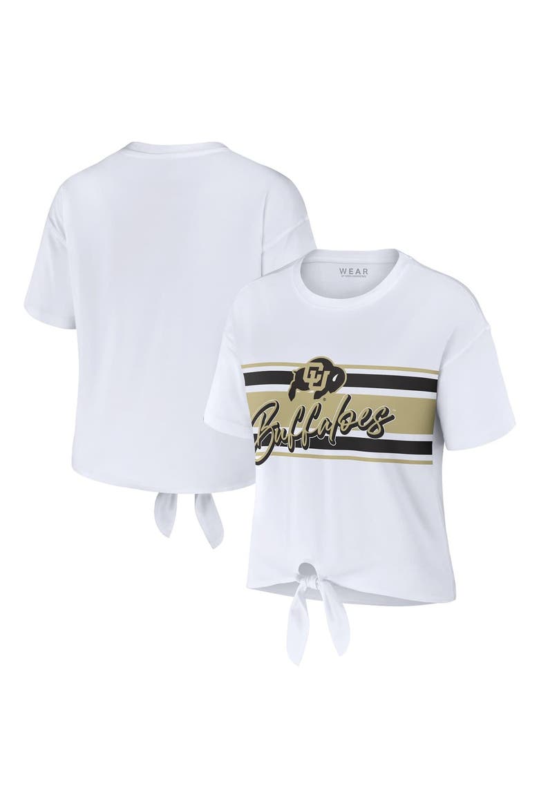 Women's WEAR by Erin Andrews White Colorado Buffaloes Striped Front Knot Cropped T-Shirt, Main, color, White