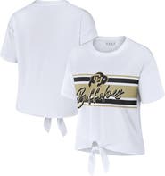 WEAR by Erin Andrews Women's WEAR by Erin Andrews White Colorado Buffaloes Striped Front Knot Cropped T-Shirt
