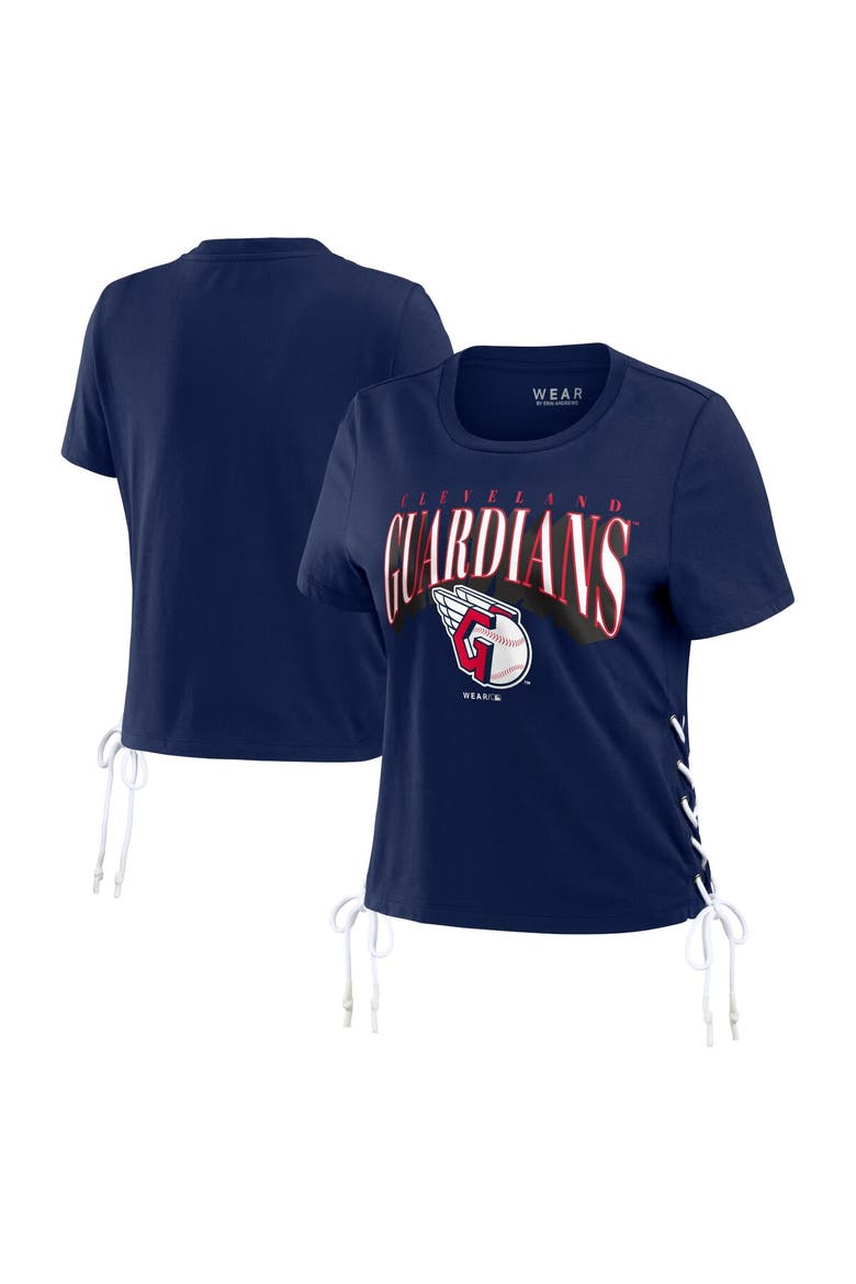 Women's WEAR by Erin Andrews Navy Cleveland Guardians Side Lace-Up Cropped T-Shirt, Main, color, Navy