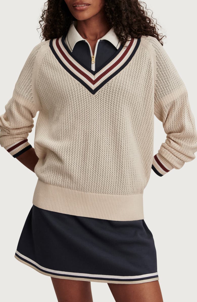 Varley Maurice Open Stitch Cotton V-Neck Sweater, Main, color, Oat Milk