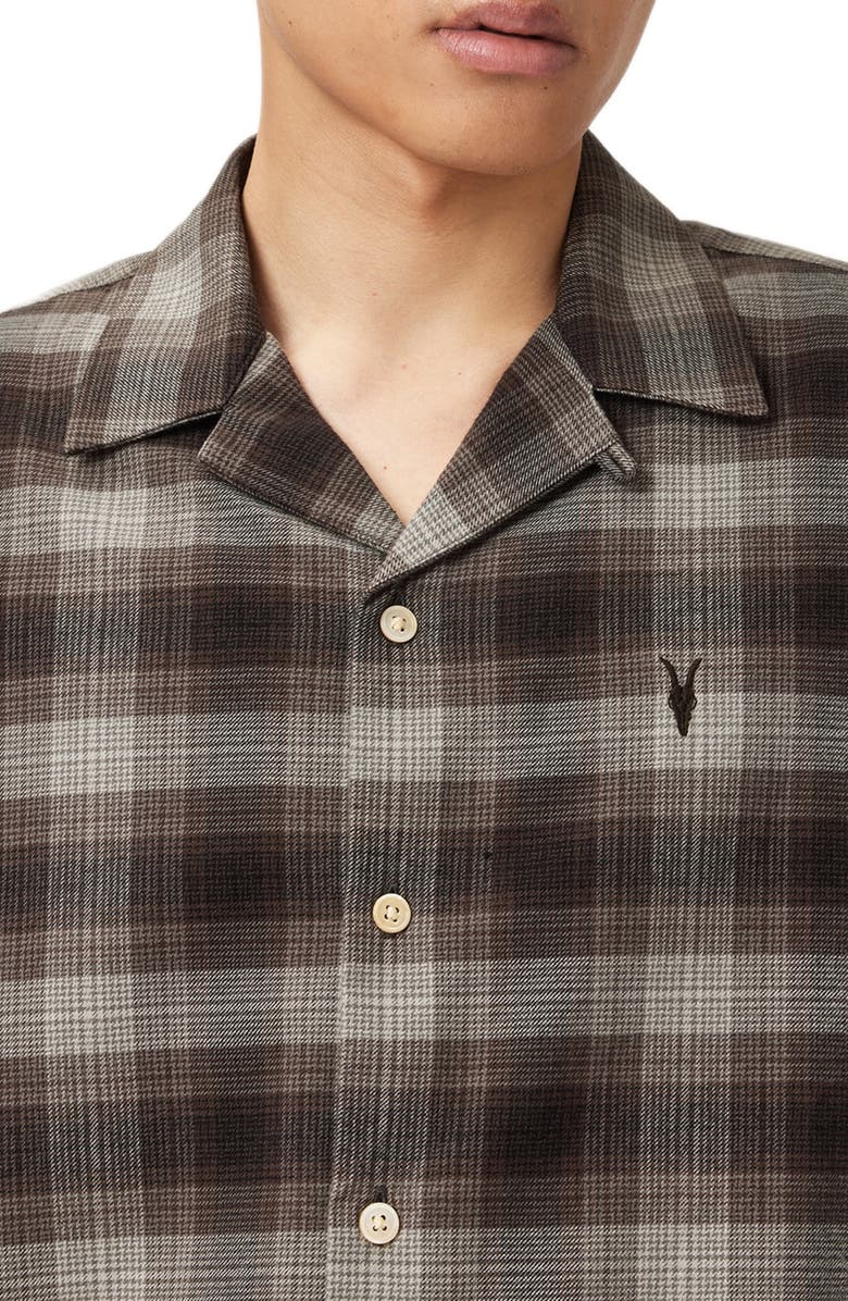AllSaints Iniko Plaid Cotton Flannel Button-Up Shirt, Alternate, color, Mole Brown